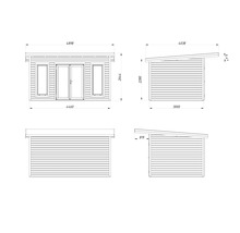 Schéma technique d'une cabane de jardin avec dimensions.