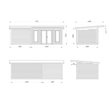 Dessin technique d'un abri de jardin avec dimensions.