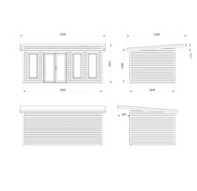 Dessin technique d'une cabane de jardin avec dimensions.