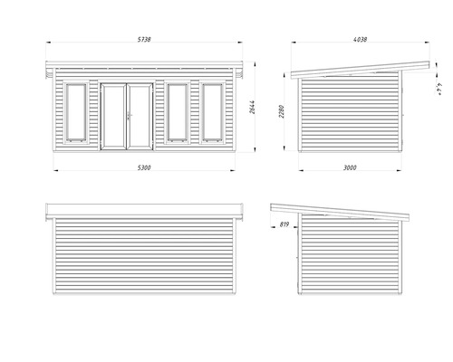 Dessin d'un abri de jardin avec indication des dimensions pour la largeur, la hauteur et la profondeur