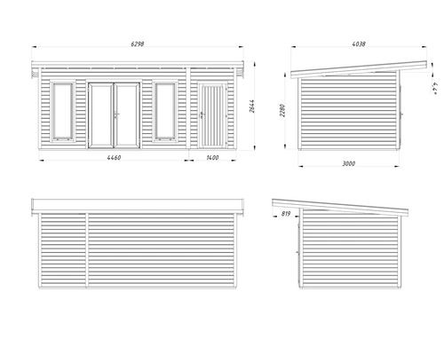 Schéma technique d'un abri de jardin avec dimensions