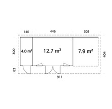 Grundriss eines Gartenhauses mit Größenangaben in Quadratmetern