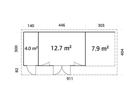 Plan d'un abri de jardin avec les dimensions des pièces