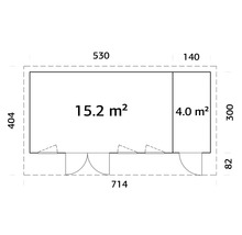 Plan d'un abri de jardin mesurant 530 x 404 centimètres et d'une superficie de 15,2 mètres carrés