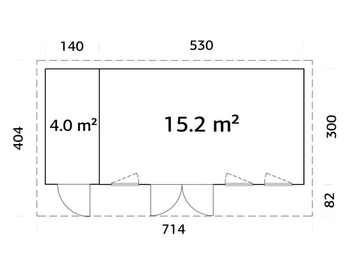 Plan d'un abri de jardin avec des indications de mesure pour les dimensions et la surface