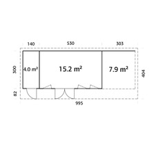 Plan d'un abri de jardin avec des indications de dimensions pour la longueur et la surface des pièces.