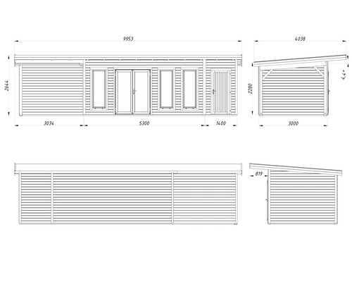 Dessin technique d'un abri de jardin avec dimensions