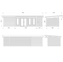 Technische Zeichnung eines Gartenhauses mit Maßen.