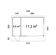 Plan d'un abri de jardin avec indications de surface en mètres carrés et indications de dimensions en centimètres