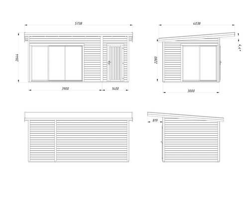 Dessin technique d'une maison de jardin avec dimensions.