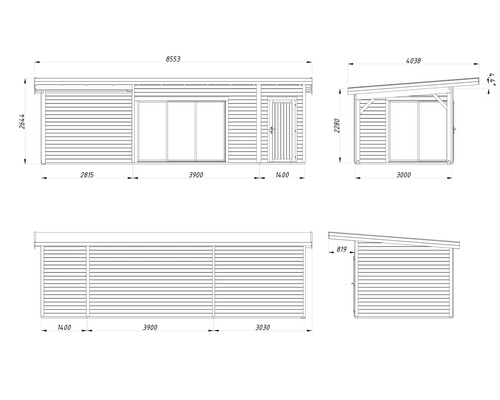 Dessin technique d'un abri de jardin avec les dimensions