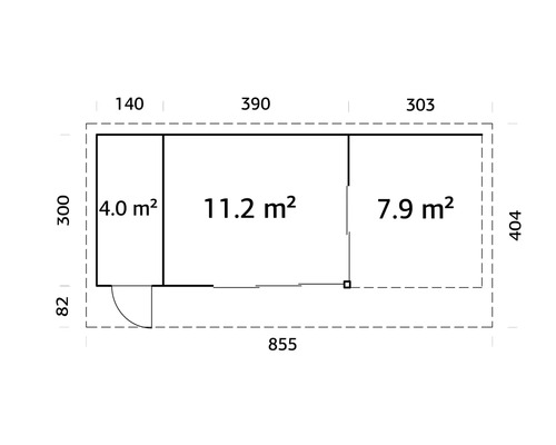 Plan avec cotes et calculs de surface pour une cabane de jardin