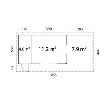 Plan d'un abri de jardin avec indication des dimensions des pièces