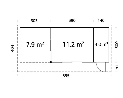 Grundriss eines Gartenhauses mit Flächenangaben in Quadratmetern