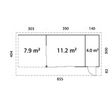 Plan avec dimensions en centimètres et indications de surface en mètres carrés