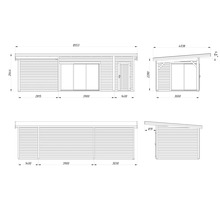 Dessin technique d'un abri de jardin avec dimensions.