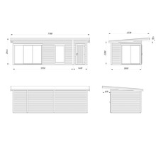 Technische Zeichnung eines Gartenhauses mit Maßangaben