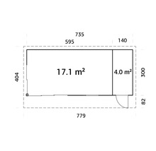 Grundrisszeichnung eines Gartenhauses mit den Maßen 779 x 404 Zentimeter und einer Fläche von 17,1 Quadratmetern plus Anbau von 4,0 Quadratmetern
