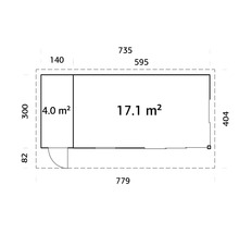 Grundrisszeichnung mit Abmessungen eines Gartenhauses