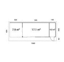 Plan d'un cabanon de jardin avec indication des surfaces en mètres carrés