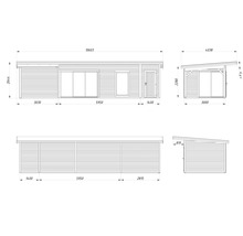 Technische Zeichnung eines Gartenhauses mit Maßen