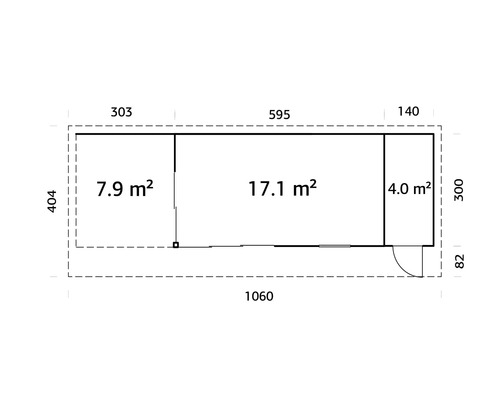 Plan d'un abri de jardin avec indications de surface en mètres carrés et indications de dimensions en centimètres.