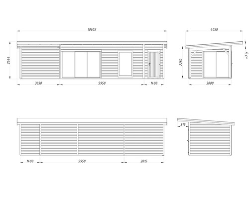 Dessin technique d'un abri de jardin avec dimensions.
