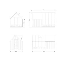 Technische Zeichnung eines Gartenhauses mit Maßangaben.