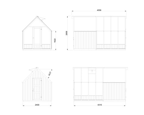 Dessin technique d'une cabane de jardin avec dimensions