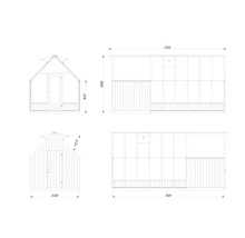 Dessin technique d'une cabane de jardin avec dimensions.