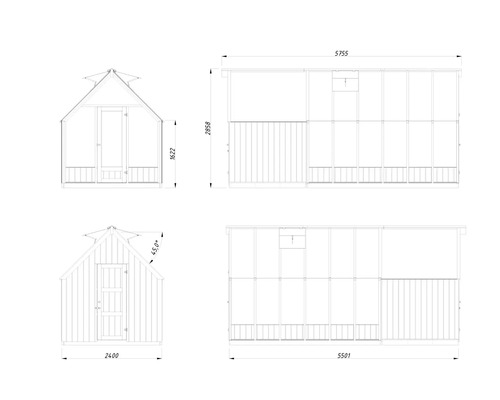 Dessin technique d'une cabane de jardin avec dimensions.