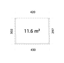Grundriss mit den Maßen 420, 430, 302 und 297 mit einer Fläche von 11,6 Quadratmetern