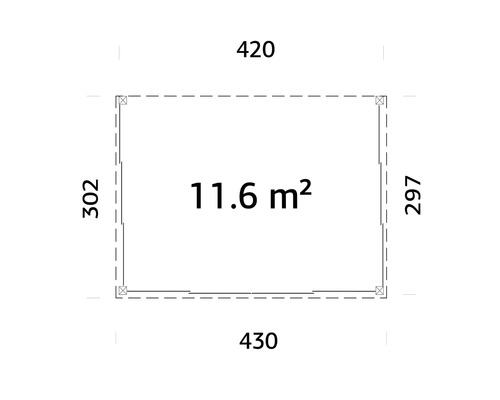 Grundriss mit den Maßen 420, 430, 302, 297 und einer Fläche von 11.6 Quadratmetern