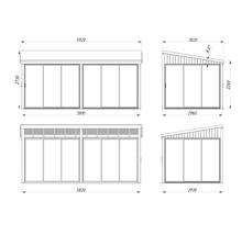 Technische Zeichnung eines Gartenhauses mit Maßangaben.