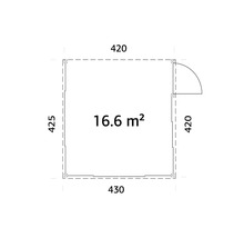 Grundriss eines Gartenhauses mit den Maßen 425 x 420 x 430 x 420 cm und 16,6 Quadratmeter Fläche