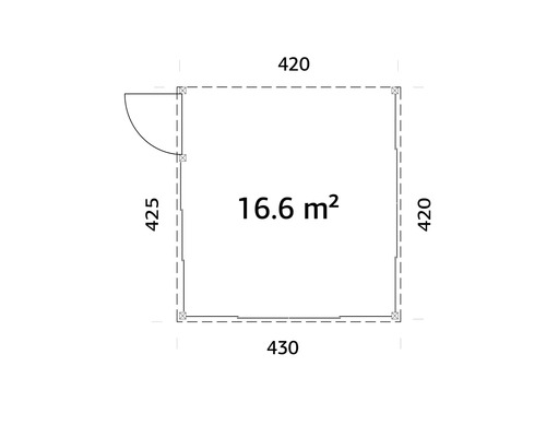 Plan d'un abri de jardin mesurant 420, 425 et 430 centimètres, avec une surface de 16,6 mètres carrés.