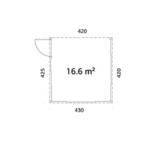 Grundriss eines Gartenhauses mit den Maßen 420 x 430 x 425 cm und einer Fläche von 16,6 Quadratmetern.