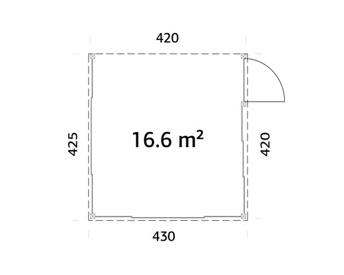 Grundriss mit Maßen: 420, 425 und 430 cm, Fläche 16,6 m²