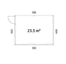 Grundrisszeichnung eines Gartenhauses mit Tür, Seitenlängen und einer Fläche von 23.3 Quadratmetern