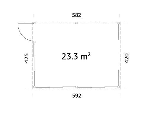 Grundrisszeichnung eines Gartenhauses mit den Maßen 582 x 592 x 425 x 420 und einer Fläche von 23,3 Quadratmetern