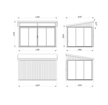 Dessin technique d'une cabane de jardin avec dimensions