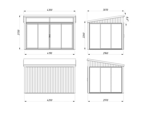 Dessin technique d'une cabane de jardin avec dimensions