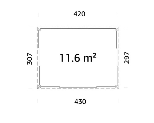 Grundriss mit den Maßen 420, 430, 307, 297 und einer Fläche von 11,6 Quadratmetern