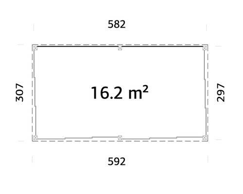 Plan avec dimensions : 582 x 592 cm et 16,2 mètres carrés