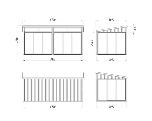 Dessin technique d'une cabane de jardin avec indications de dimensions