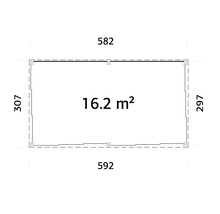 Plan avec les dimensions 582 sur 297 et 592 sur 307 avec une surface de 16,2 mètres carrés
