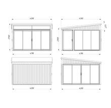 Technische Zeichnung eines Gartenhauses mit Abmessungen
