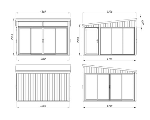 Dessin technique d'un abri de jardin avec dimensions.