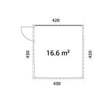 Grundriss mit den Massen 430 mal 420 und einer Fläche von 16.6 Quadratmetern.