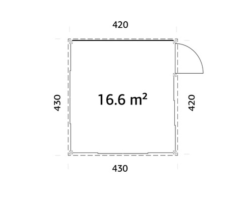 Grundriss mit Maßen 430 mal 430 und 420 mal 420 Zentimeter sowie Angabe der Fläche von 16,6 Quadratmetern